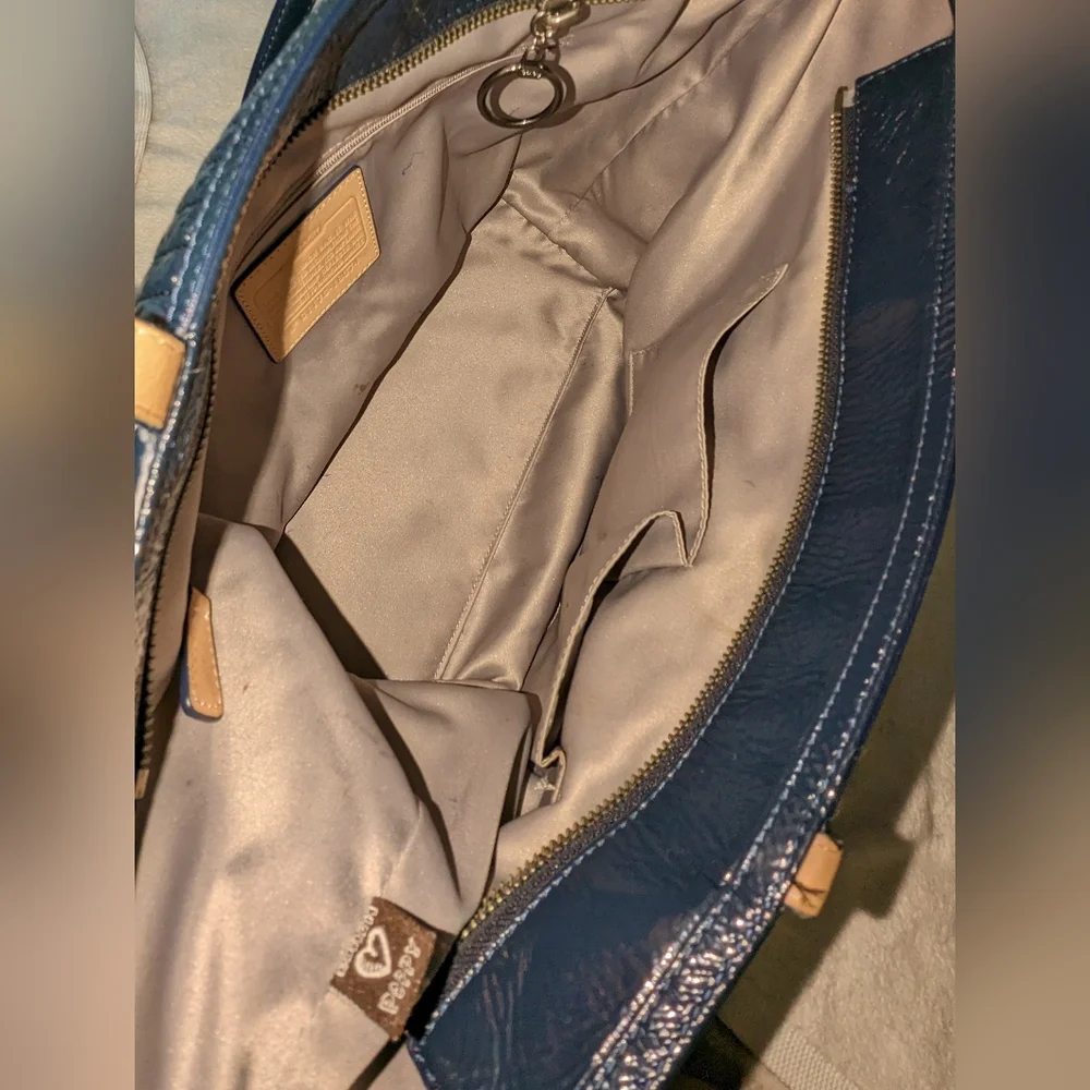 Coach Poppy liquid gloss soft navy patent leather tote.18674